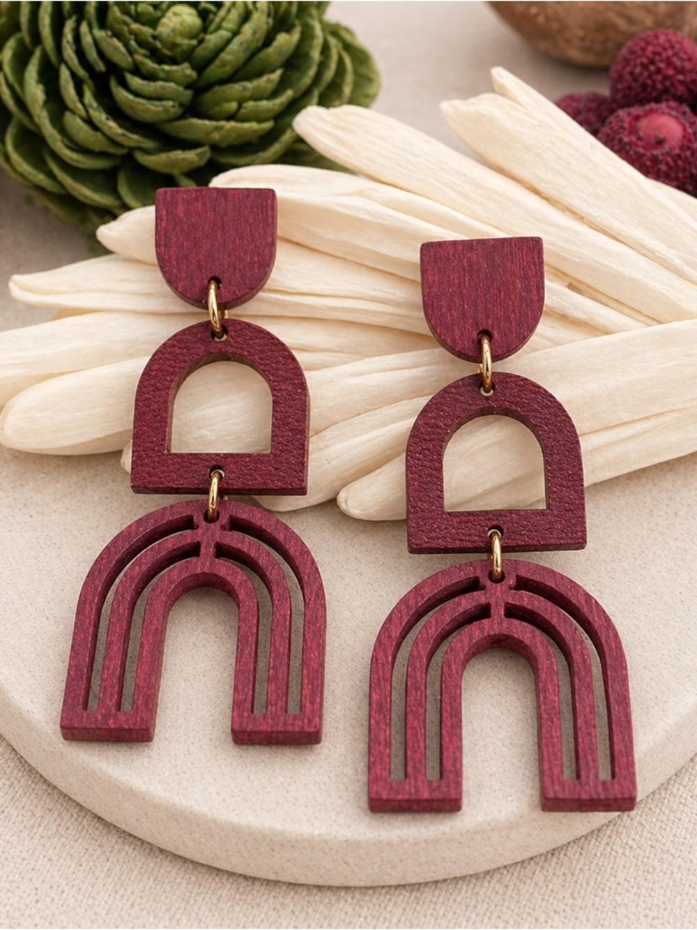 Wooden & Leather Detailed Modern Boho Drop Earrings